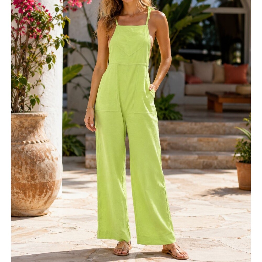 Free People Sleeveless Wide-Leg Jumpsuit Dress One-Piece Cotton Green XS 286901